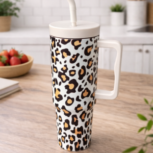 Hometouch Insulated Travel Mug with Handle & Straw – 1200ml (40oz) – Classic Leopard