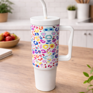 Hometouch Insulated Travel Mug with Handle & Straw – 1200ml (40oz) – Confetti Leopard