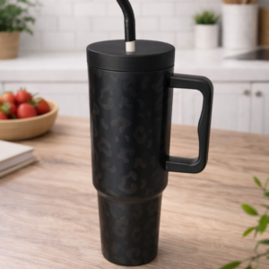 Hometouch Insulated Travel Mug with Handle & Straw – 1200ml (40oz) – Midnight Leopard