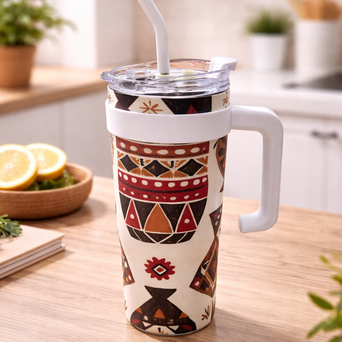 Hometouch Insulated Travel Mug with Handle & Straw – 1200ml (40oz) – Tribal Print
