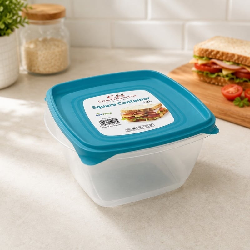Continental Homeware Airtight Square Food Storage Container 1.3L - Blue Lid