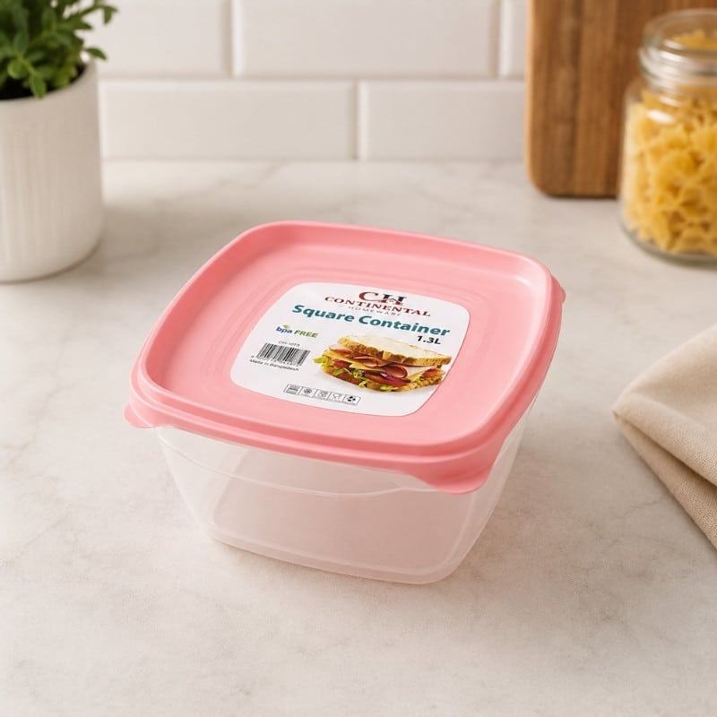Continental Homeware Airtight Square Food Storage Container 1.3L - Pink Lid