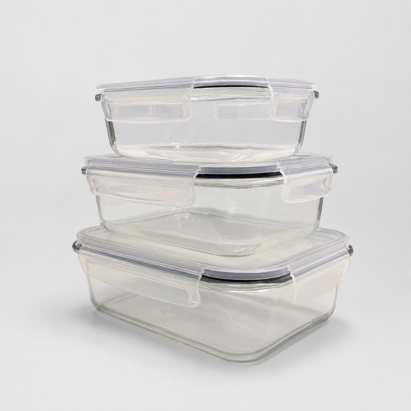 Continental Homeware 3 Piece Airtight Rectangular Glass Food Storage Container Set - Image 2