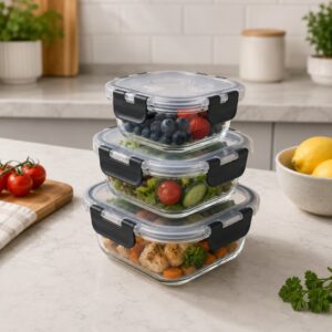 Continental Homeware 3 Piece Airtight Square Glass Food Storage Container Set