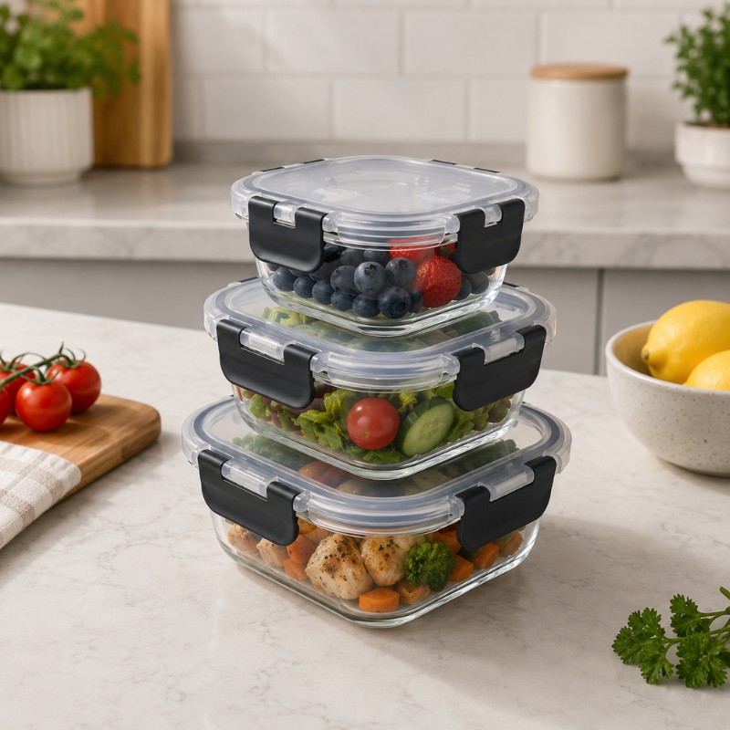 Continental Homeware 3 Piece Airtight Square Glass Food Storage Container Set