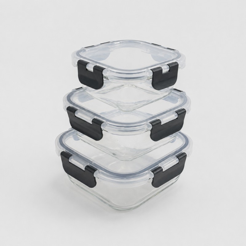 Continental Homeware 3 Piece Airtight Square Glass Food Storage Container Set - Image 2