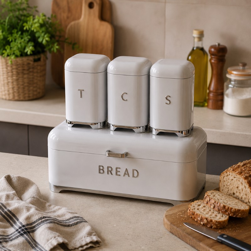 Continental Homeware Deluxe Bread Bin with Tea, Coffee & Sugar Canister Set – 4 Piece – White