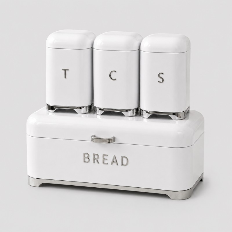 Continental Homeware Deluxe Bread Bin with Tea, Coffee & Sugar Canister Set – 4 Piece – White - Image 3