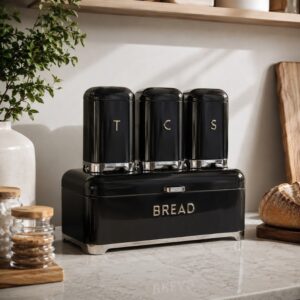 Continental Homeware Deluxe Metal Bread Bin with Tea, Coffee & Sugar Canister Set – 4 Piece – Black