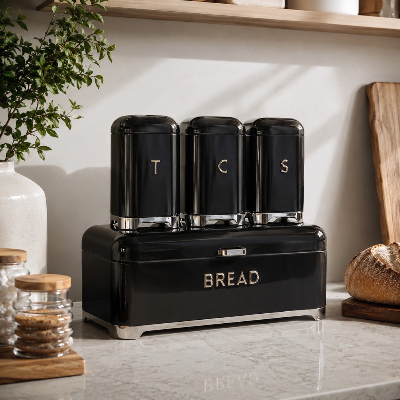Continental Homeware Deluxe Metal Bread Bin with Tea, Coffee & Sugar Canister Set – 4 Piece – Black