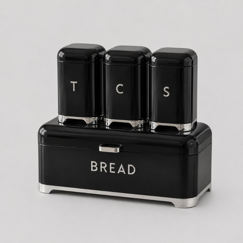 Continental Homeware Deluxe Metal Bread Bin with Tea, Coffee & Sugar Canister Set – 4 Piece – Black - Image 2