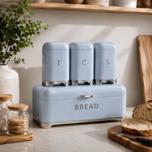 Continental Homeware Deluxe Metal Bread Bin with Tea, Coffee & Sugar Canister Set – 4 Piece – Duck Egg Blue