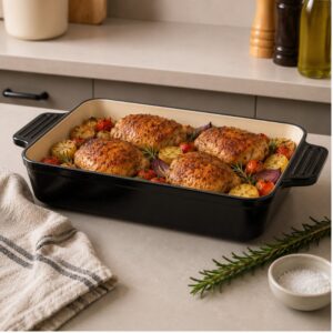 Continental Homeware Enamel Cast Iron Rectangular Casserole Dish 33x23cm – Black