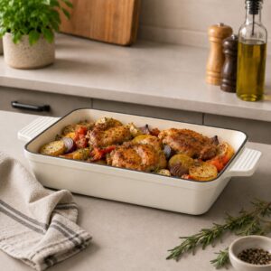 Continental Homeware Enamel Cast Iron Rectangular Casserole Dish 33x23cm – Cream