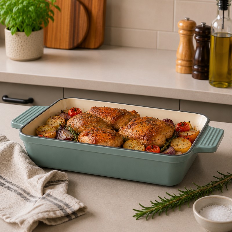 Continental Homeware Enamel Cast Iron Rectangular Casserole Dish 33x23cm – Duck Egg Blue