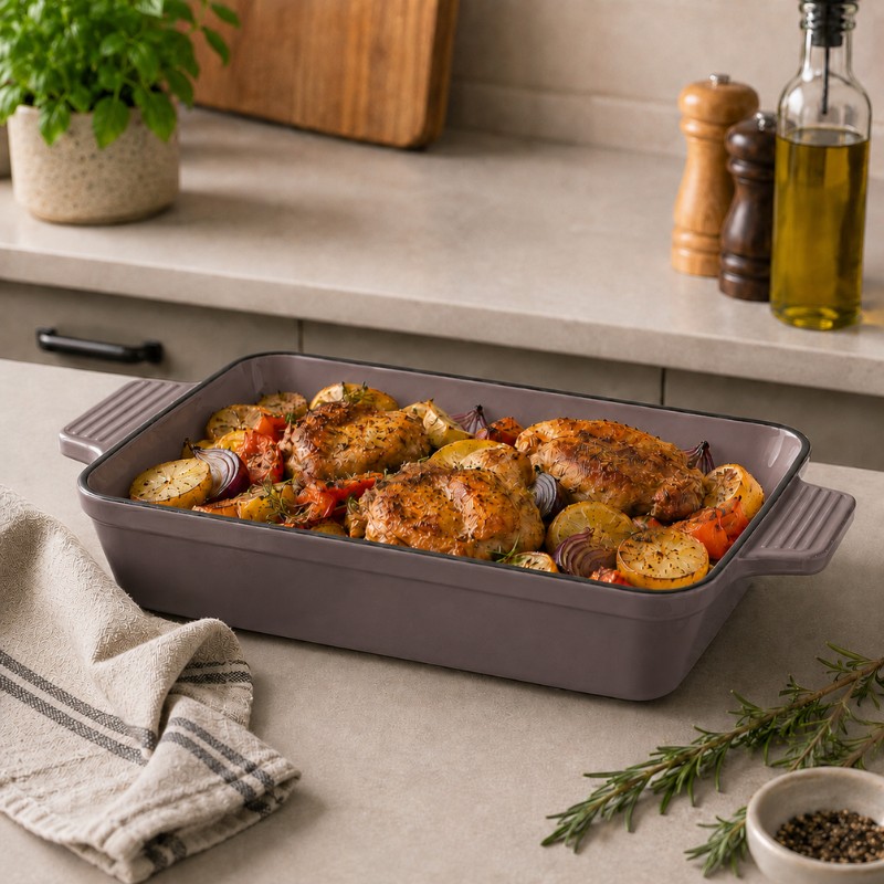 Continental Homeware Enamel Cast Iron Rectangular Casserole Dish 33x23cm – Taupe