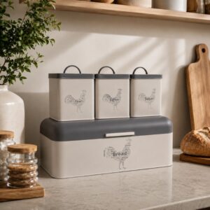 Continental Homeware Metal Bread Bin with Tea, Coffee & Sugar Canister Set – 4 Piece – Grey
