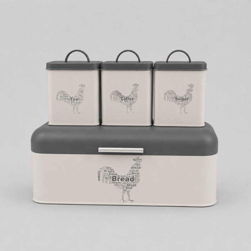 Continental Homeware Metal Bread Bin with Tea, Coffee & Sugar Canister Set – 4 Piece – Grey - Image 2