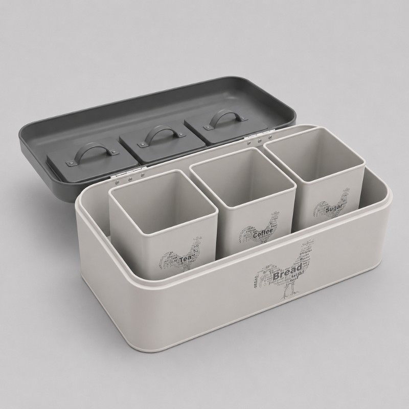 Continental Homeware Metal Bread Bin with Tea, Coffee & Sugar Canister Set – 4 Piece – Grey - Image 3