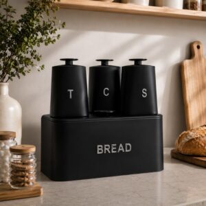 Continental Homeware Opulence Metal Bread Bin with Tea, Coffee & Sugar Canister Set – 4 Piece – Black