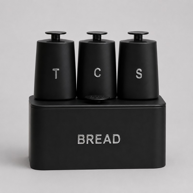Continental Homeware Opulence Metal Bread Bin with Tea, Coffee & Sugar Canister Set – 4 Piece – Black - Image 2