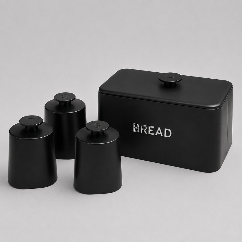 Continental Homeware Opulence Metal Bread Bin with Tea, Coffee & Sugar Canister Set – 4 Piece – Black - Image 3