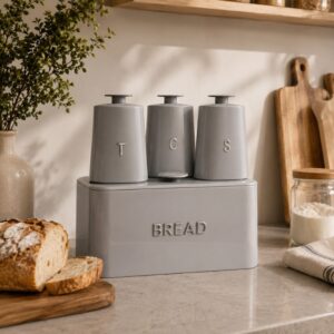 Continental Homeware Opulence Metal Bread Bin with Tea, Coffee & Sugar Canister Set – 4 Piece – Grey