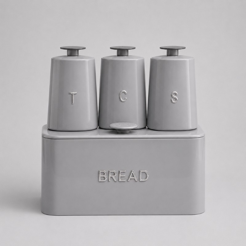 Continental Homeware Opulence Metal Bread Bin with Tea, Coffee & Sugar Canister Set – 4 Piece – Grey - Image 2