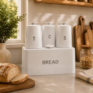 Continental Homeware Opulence Metal Bread Bin with Tea, Coffee & Sugar Canister Set – 4 Piece – White