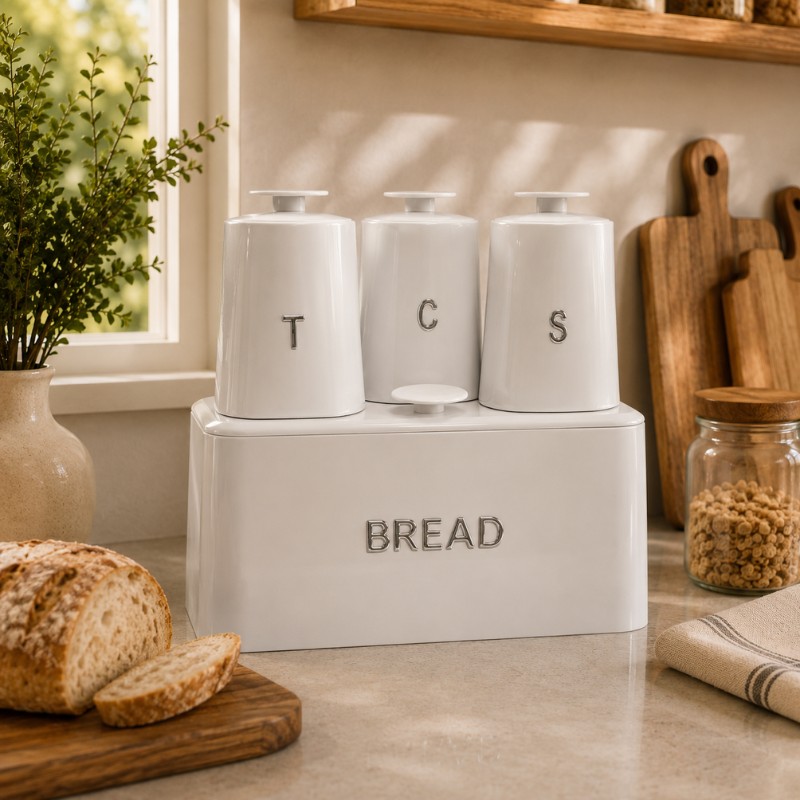 Continental Homeware Opulence Metal Bread Bin with Tea, Coffee & Sugar Canister Set – 4 Piece – White