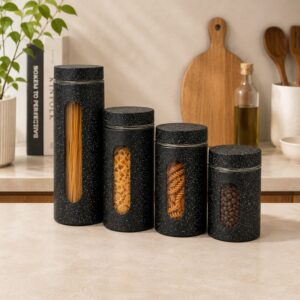 Continental Homeware Airtight Glass Storage Canister Set – 4 Piece – Black