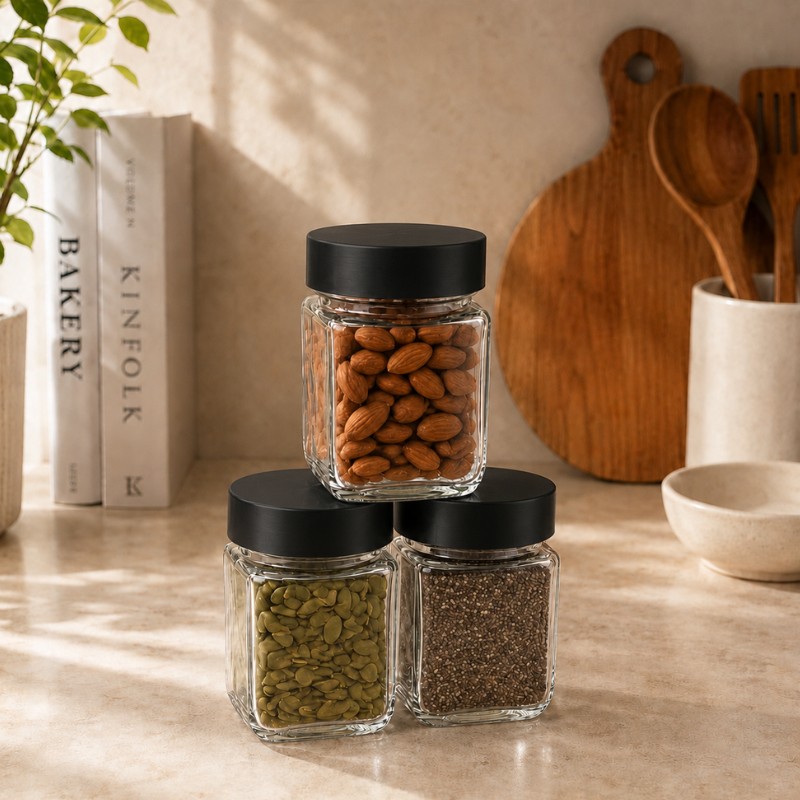 Continental Homeware Airtight Glass Storage Jar Set – 3 Piece – Black